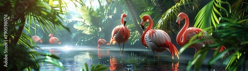 Vibrant scene of a group of flamingos at a tropical lagoon during summer, focusing on their bright pink feathers and elegant postures in the shimmering water, bright colors, clean background, Realisti photo