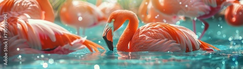 Vibrant scene of a group of flamingos at a tropical lagoon during summer, focusing on their bright pink feathers and elegant postures in the shimmering water, bright colors, clean background, Realisti