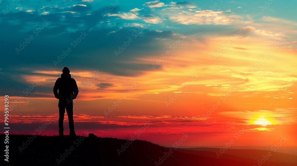 Dramatic monochrome image of a silhouette against a vibrant sunset, focusing on the stark contrast and the serene horizon, bright colors, clean background, Realistic HD characters