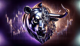 crypto icon half head bear and half head bull on charts background in purple and gold colors.