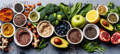 An artistic image of nutritious food, featuring a variety of fruits, vegetables, and grains, set against a gray backdrop.