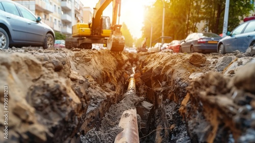 The street of the city is torn down.Construction underground utilities in street site, Repair,  laying water pipes or replacing sewer pipes Installation of plumbing, sanitation and drainage systems. photo