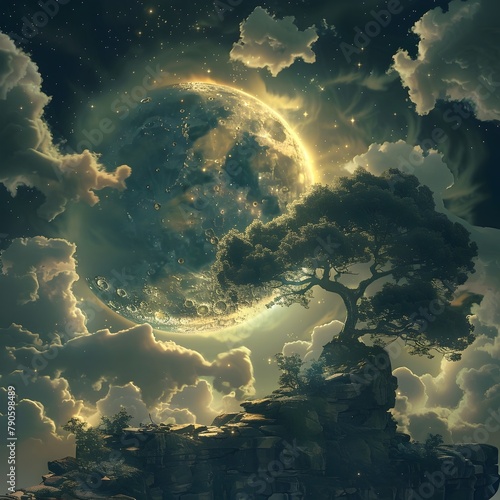 Celestial Encounter The Moons Interlude with a Luminous Visitor amidst Ethereal Luminescent Trees and Dreamlike Clouds