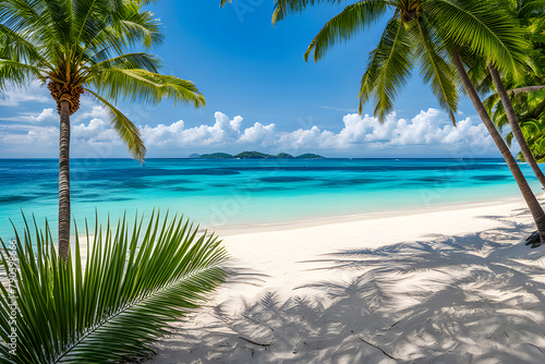 A paradise of the tropics on a white sand beach with swaying palm trees  turquoise water laps.