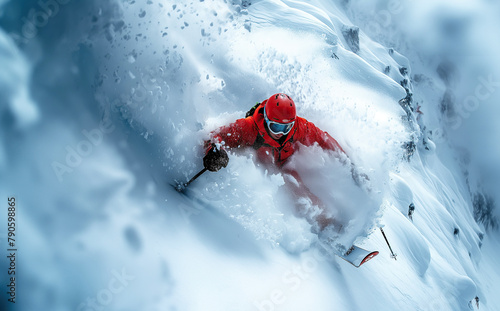 male skier in red helmet falls skiing on ski down dangerous mountain snowy slope in winter
