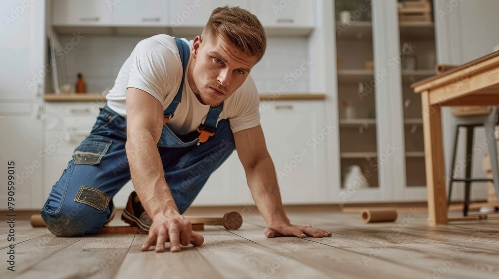 Man in work overalls installing laminate floor in apartment under renovation. Male construction worker laying laminate timber flooring in living room with white wall on background. Man in work overalls installing laminate floor in apartment under renovation. Male construction worker laying laminate timber flooring in living room with white wall on background.