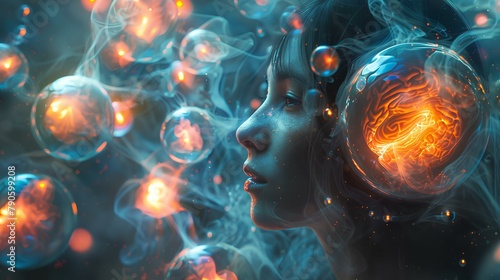 Ethereal Dreamstate,
This surreal image captures the essence of a dream, where an ethereal face is gently caressed by the delicate touch of a cosmic energy,  photo