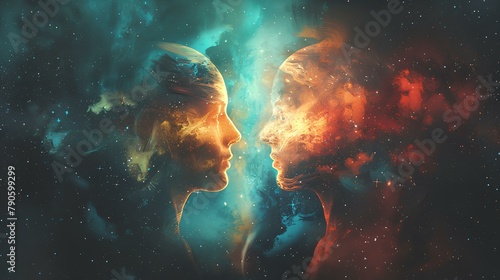 two ethereal faces are poised at the brink of connection, their features a vibrant tapestry of cosmic energy and nebulae, symbolizing the profound and intimate dance between celestial entities. photo