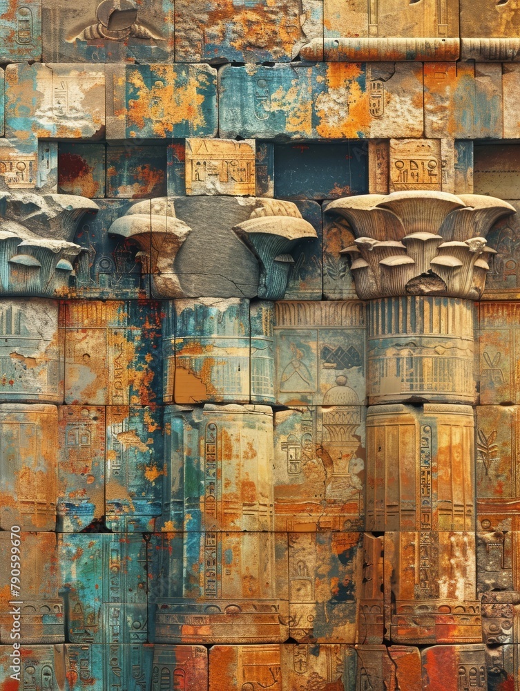 Close-up of intricate details on the walls of an ancient Egyptian temple.