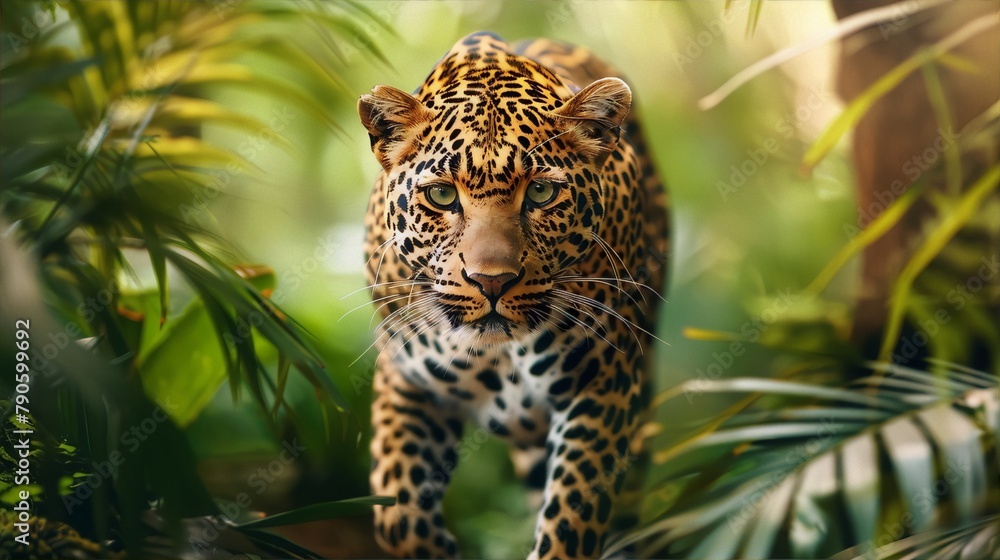 Naklejka premium A powerful leopard with piercing green eyes stalks through a dense jungle, embodying untamed wilderness and feline grace.