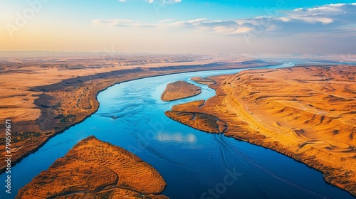 Aerial view of the winding Nile River cutting through the Egyptian landscape. photo