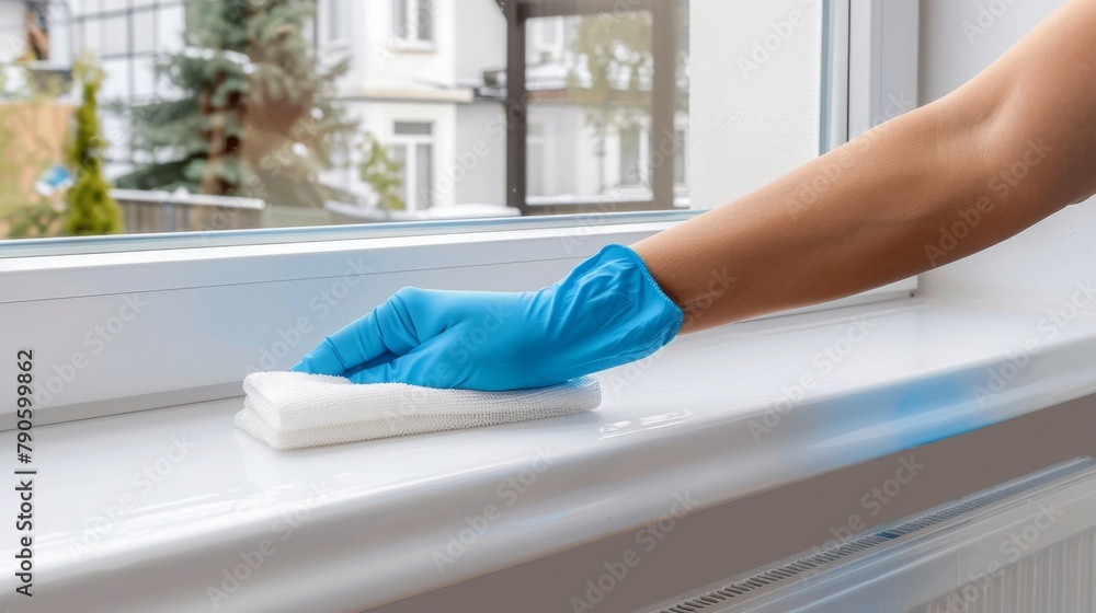 housewife wearing gloves wipes a plastic window sill. a hand in a blue glove wipes the windowsill with a rag. wash windows at home housewife wearing gloves wipes a plastic window sill. a hand in a blue glove wipes the windowsill with a rag. wash windows at home