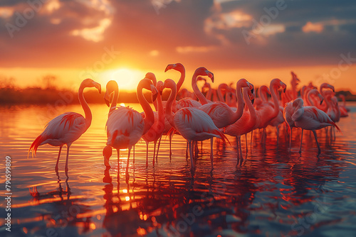 flamingos at sunset