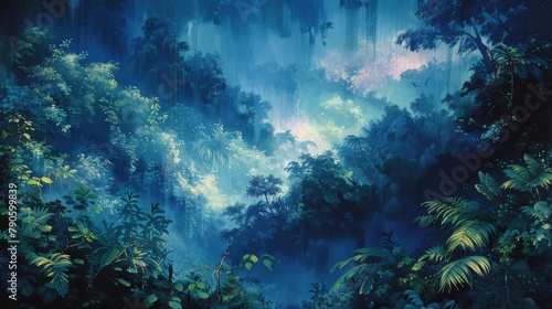Mystical jungle scene with atmospheric blue tones and dense foliage