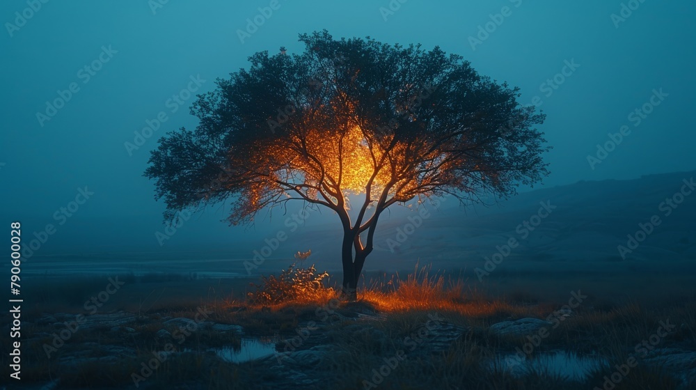 Lone tree illuminated in azure and orange hues at twilight, a serene nature scene