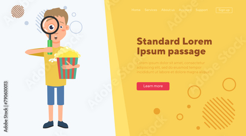 Shocked boy looking through magnifying glass. Boy with pop corn searching for something new. Flat vector illustration. Discovery, cinema, news, childhood concept for web design or banner