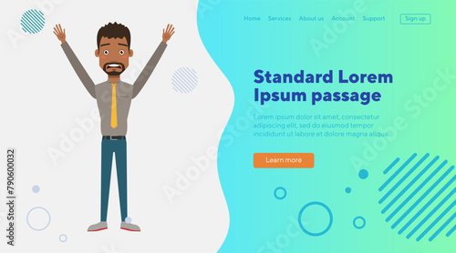 Shocked office employee with hands up. Flat vector illustration. Young business man having serious mistake in his work. Business, management, error, arrest concept for web design, banner, landing page
