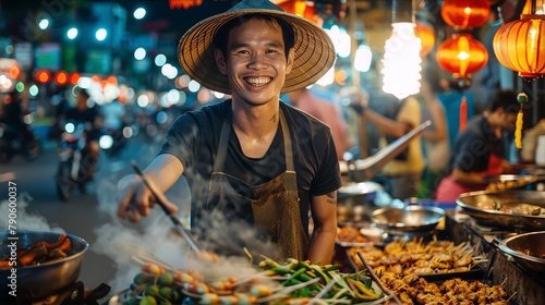 Portrait of a joyful street food vendor wearing a traditional conical hat while cooking at a night market. photo