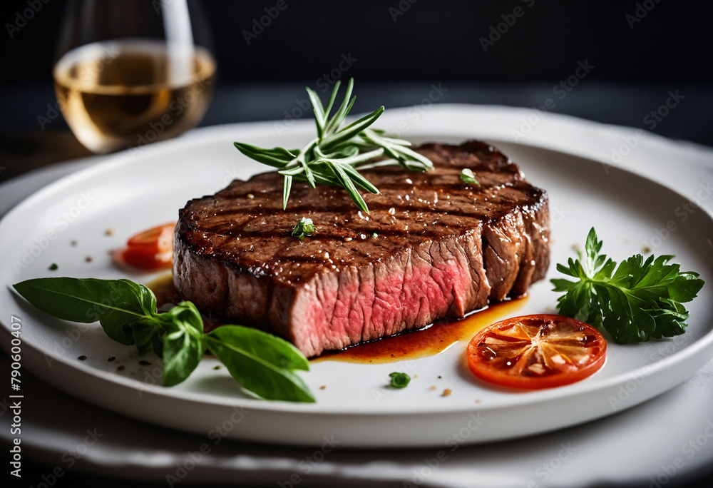 Slices of beef steak medium rare, white clean background. Aesthetic restaurant concept Slices of beef steak medium rare, white clean background. Aesthetic restaurant concept