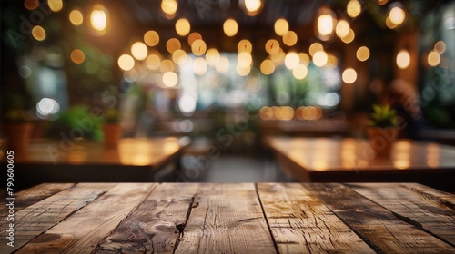 Retro wooden table with blurred background of restaurant interior with warm lights