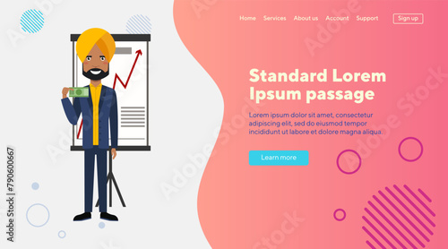 Happy Indian investor with dollar banknote. Flat vector illustration. Businessman in suit and turban near financial diagrams. Invectments, international business, finance concept for web design or ban