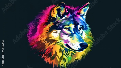  A wolf with a rainbow-hued face against a black backdrop..Or:..A wolf bearing a rainbow-painted visage on a blackground..Black