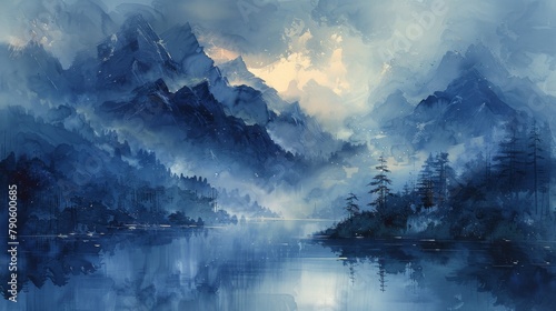 Serene mountain landscape with misty peaks and a calm reflective lake