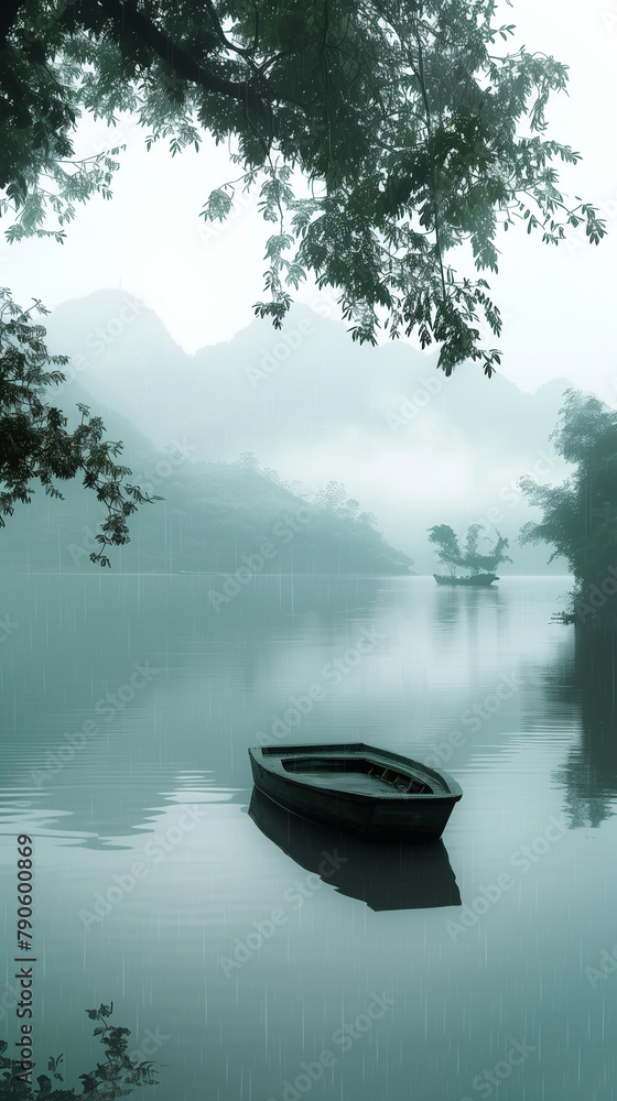 In an ancient style format, this scene captures a small boat drifting on a serene lake amidst a gentle rain. The misty atmosphere adds an ethereal quality to the distant view, creating a sense 