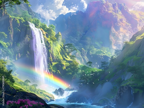 D and D Majestic Waterfall Emitting a Radiant Rainbow in Sunlight © Wuttichai