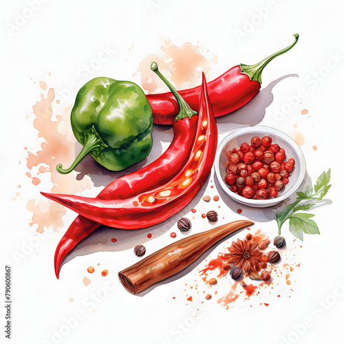 chili Cut, vegetable, watercolor illustration, single object, white background for removing background.
