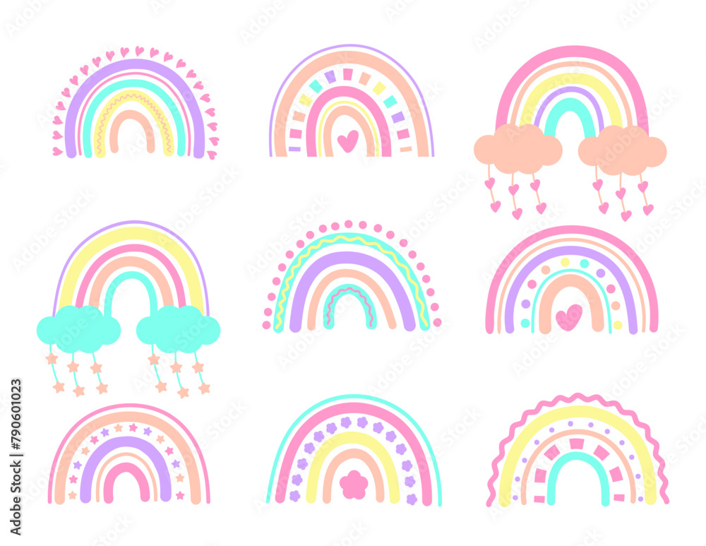 Fototapeta premium Illustration set of boho rainbow. Large modern collection of scandinavian rainbows. Hand drawn rainbow icons for kids posters, wrapping, textile, wallpaper, prints, fabric. Vector illustrations