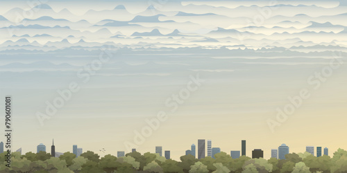 Cityscape in the morning vector illustration have blank space. Cloudscape and buildings silhouette against the sky in Autumn flat design.