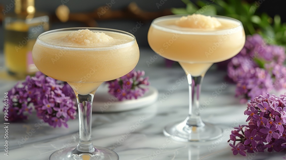 A tight shot of two glassware holding drinks on a table In the backdrop, purple blooms adorn a bottle of wine A tight shot of two glassware holding drinks on a table In the backdrop, purple blooms adorn a bottle of wine