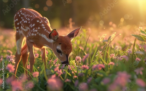 Little deer eating pink flowers in a green field at sunset in a realistic style photo