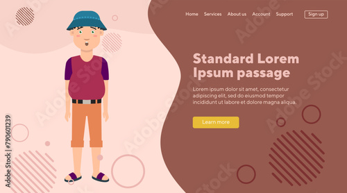 Shocked male tourist in bucket hat. Flat vector illustration. Man in T-shirt and shorts get lost. Vacation, adventure, journey travel, trip concept for landing page or web design