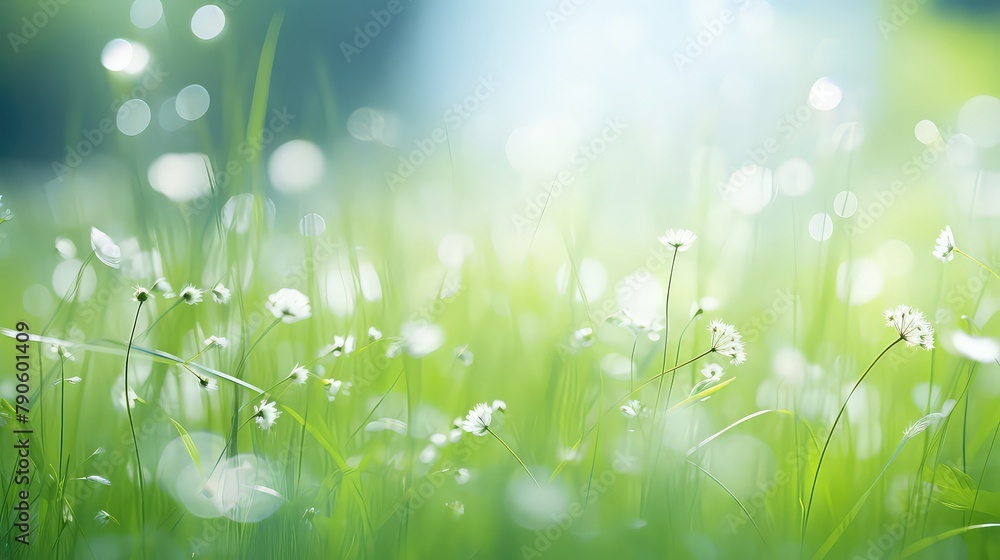 Beautiful fresh grass and white delicate flowers in sunlight, panoramic spring, summer background, beautiful bokeh