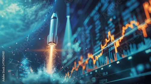 A futuristic rocket launch against a backdrop of a thriving stock market symbolizing economic prosperity and future success.