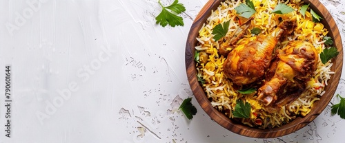 romatic and savory chicken biryani in a wooden bowl with saffron rice and fresh herbs on a whitewashed wooden background photo