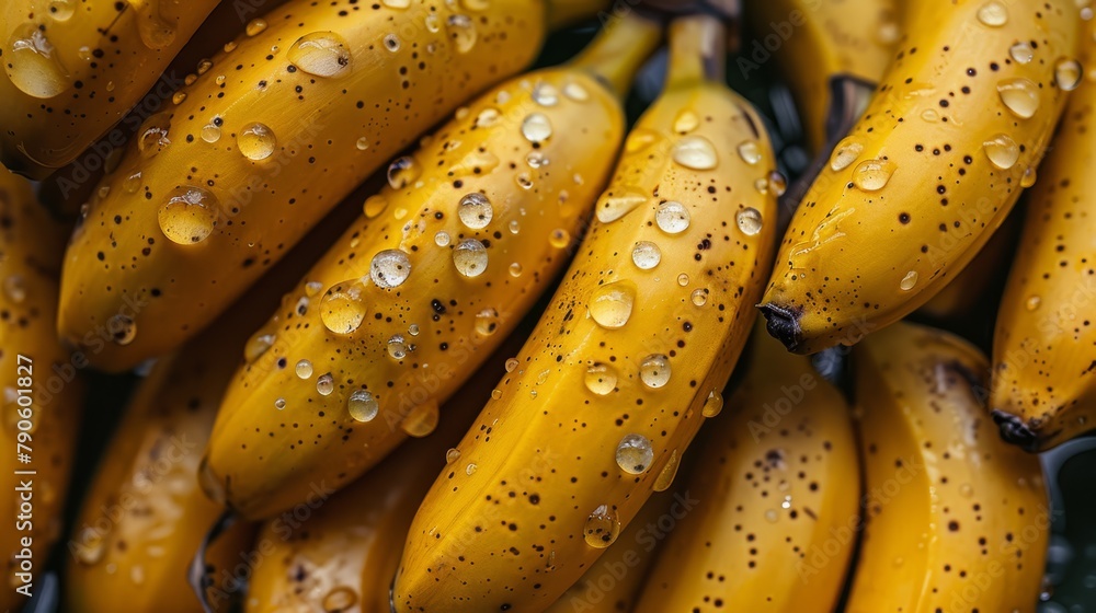 A tight shot of ripe bananas, each with dewdrops at the top and bottom A tight shot of ripe bananas, each with dewdrops at the top and bottom