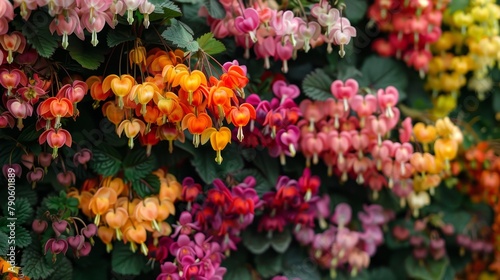  A tight shot of flowers against a wall backdrop, featuring leaves and blooms on the textured surface