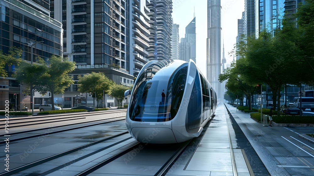 Futuristic Autonomous Public Transit System Gliding Through Innovative Urban Landscape Futuristic Autonomous Public Transit System Gliding Through Innovative Urban Landscape