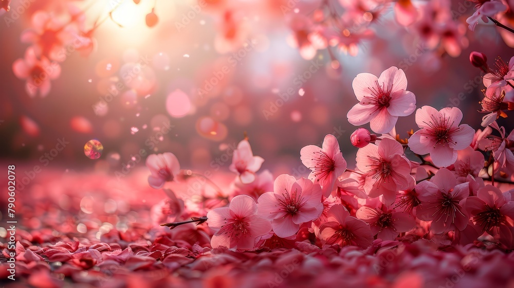 A collection of pink blooms resting on the ground beneath a radiant background light A collection of pink blooms resting on the ground beneath a radiant background light