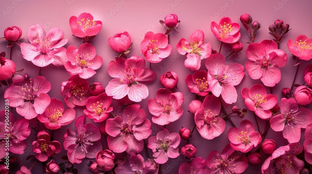 A pink background is populated by numerous pink flowers, each boasting a yellow center A pink background is populated by numerous pink flowers, each boasting a yellow center