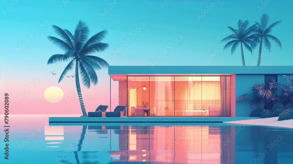Obraz premium Beach house at sunset with a swimming pool, palm trees, and a pink sky in the background, in 3D rendering.