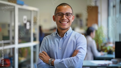 Young happy mixed race businessman standing with his arms crossed working alone in an office at work. One expert proud hispanic male boss smiling while standing in an office 