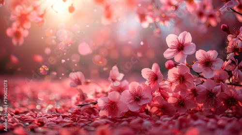  A collection of pink blooms resting on the ground beneath a radiant background light