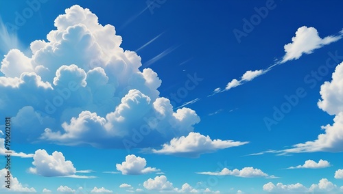 Blue sky with clouds. Anime style background with shining sun and white fluffy clouds. Sunny day sky scene cartoon vector illustration photo