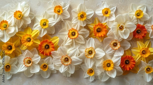   A tight shot of a floral arrangement against a wall White and yellow blooms occupy the picture's center photo