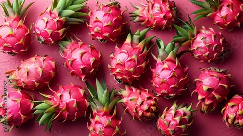   A collection of pineapples atop a pink table  aligned next to one another  resting on the pink surface