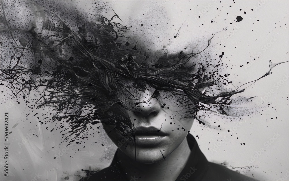 Black and white portrait of a young woman with dark liquid-like ...